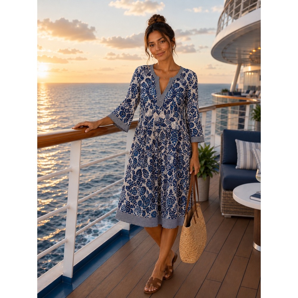Lola Australia Blue White Pineapple Print Tiered Midi Tunic Dress Bell Sleeve Sm